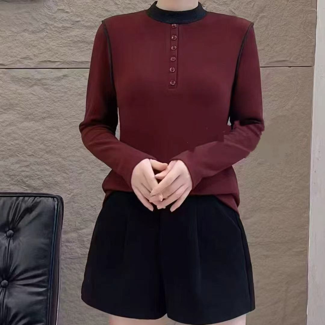 圆领休闲风女长袖拼接极简风T恤加绒时尚洋气打底衫