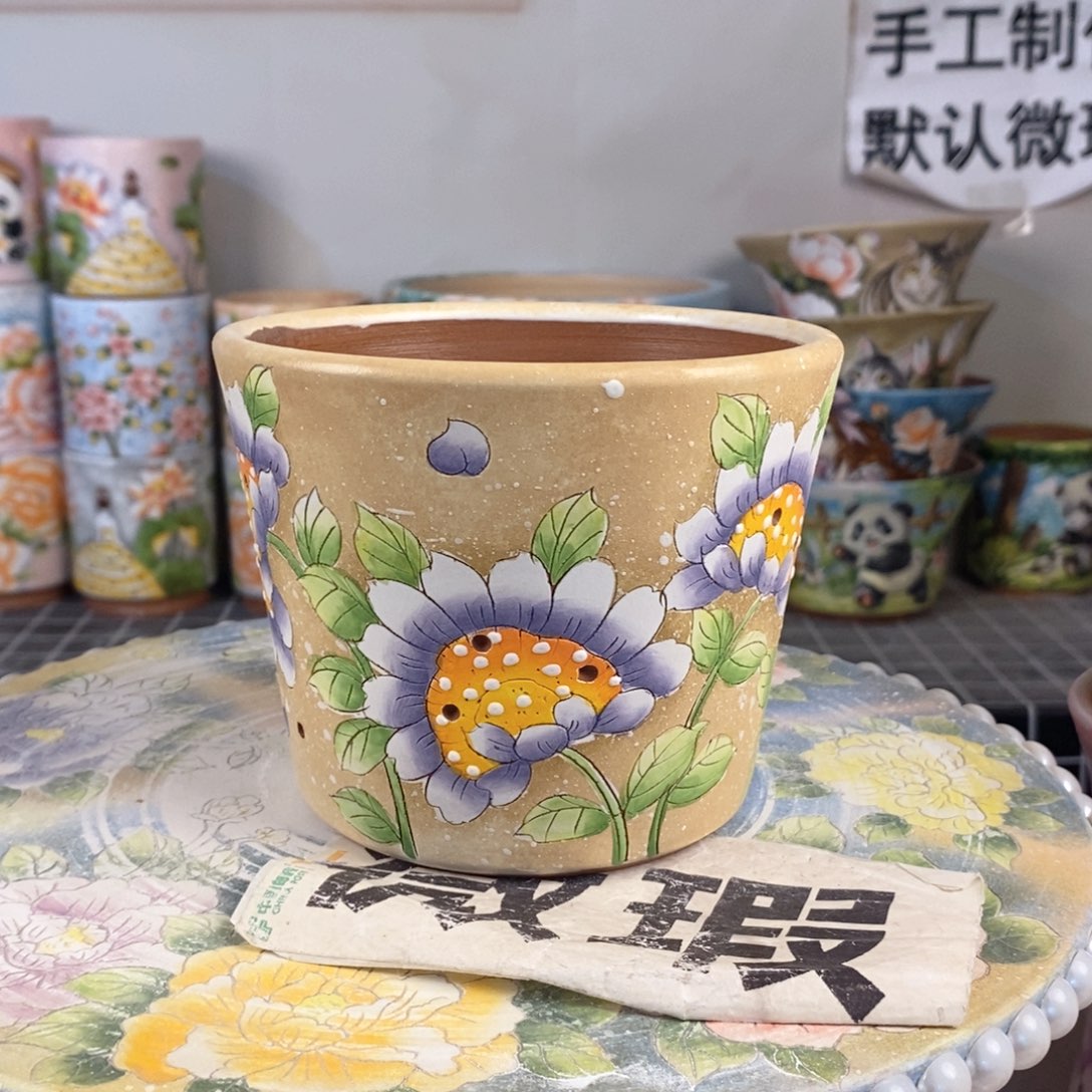 紫砂花盆红陶手绘花盆