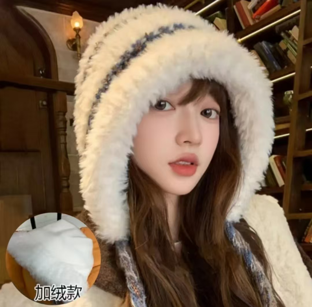 蛋挞升级款加绒显脸小彩色条纹针织帽女秋冬加深防风尘护耳保暖帽