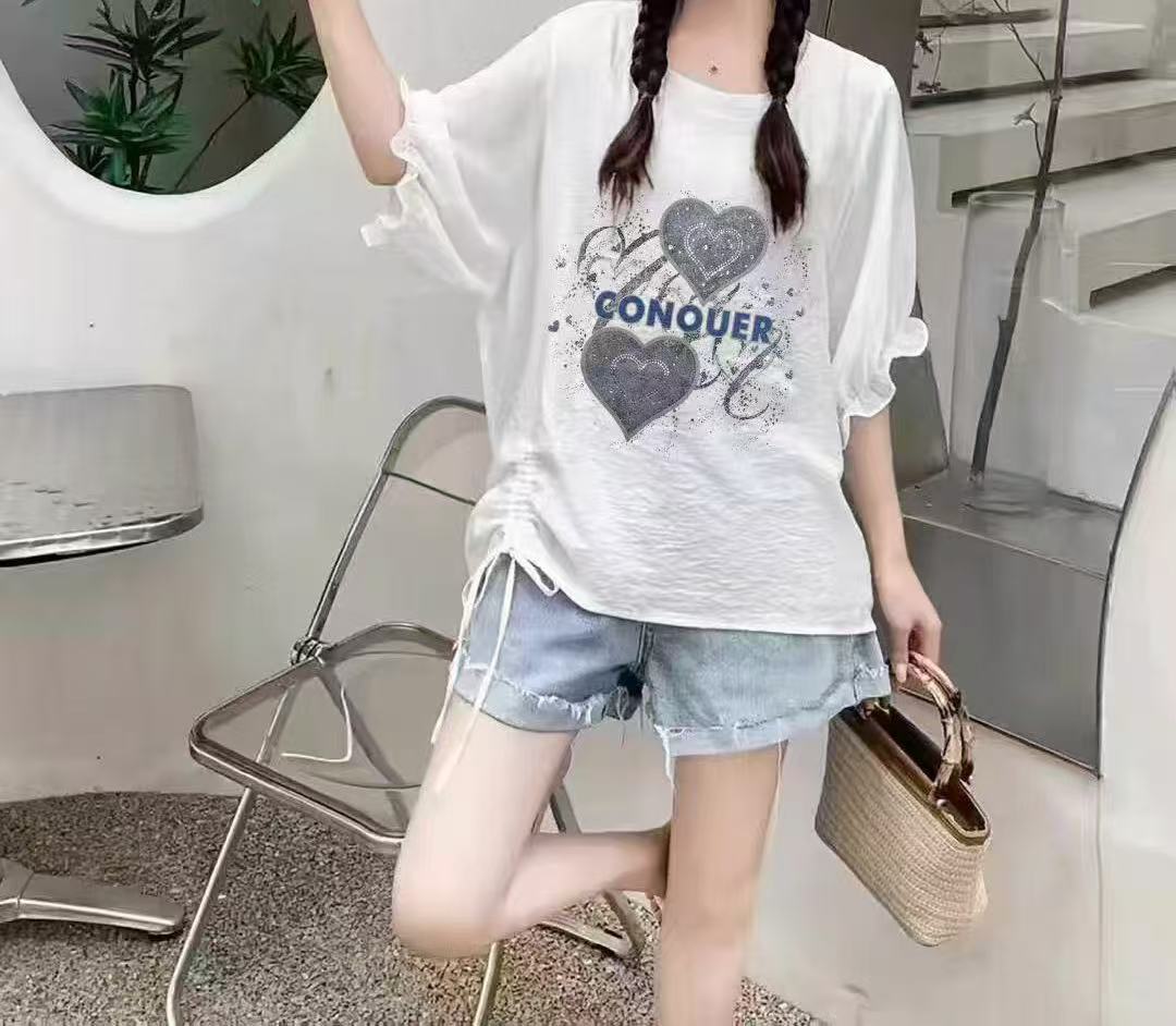 A2960白CO爱心烫钻印花时尚T恤