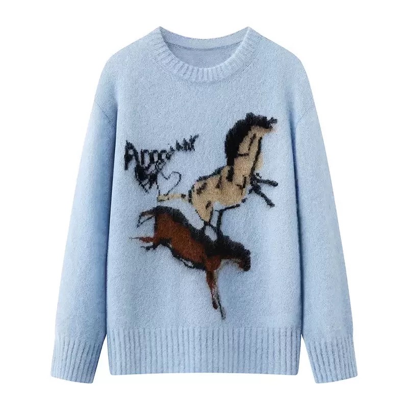 【小马】2025圆领复古小马字母提花刺绣宽松针织衫毛衣女9592