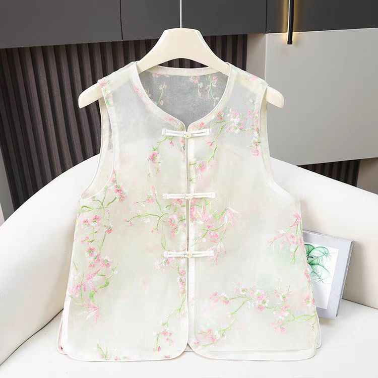 【绿野】新中式盘扣刺绣马夹女夏透视无袖背心叠穿气质国风坎肩