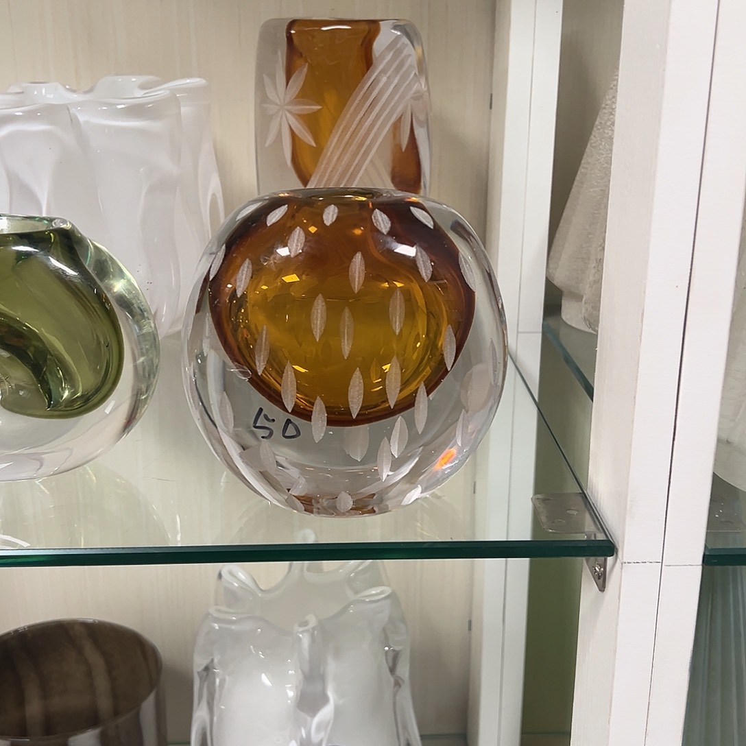 琉璃高14琥珀磨刻琉璃花器