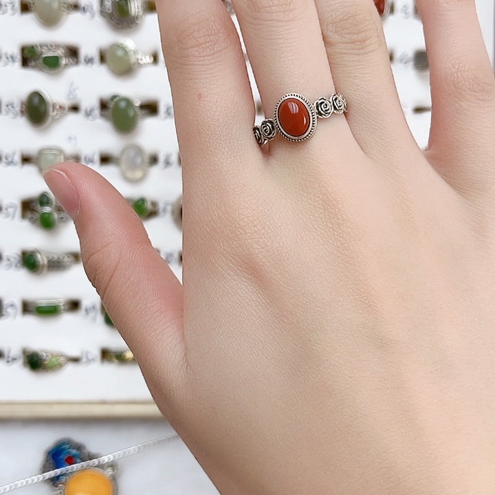 玛瑙/玉髓戒指银S925镶嵌天然