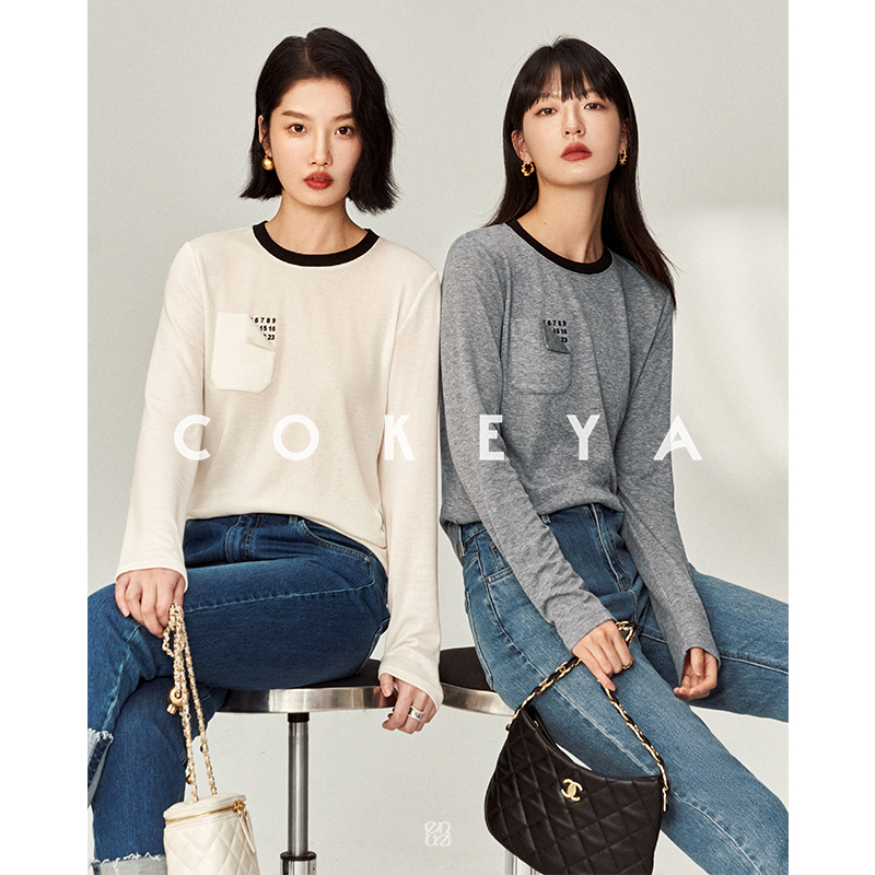 COKEYA/超柔0压感~奥地利植绒印花撞圆领长袖针织T恤女EWB1NY002