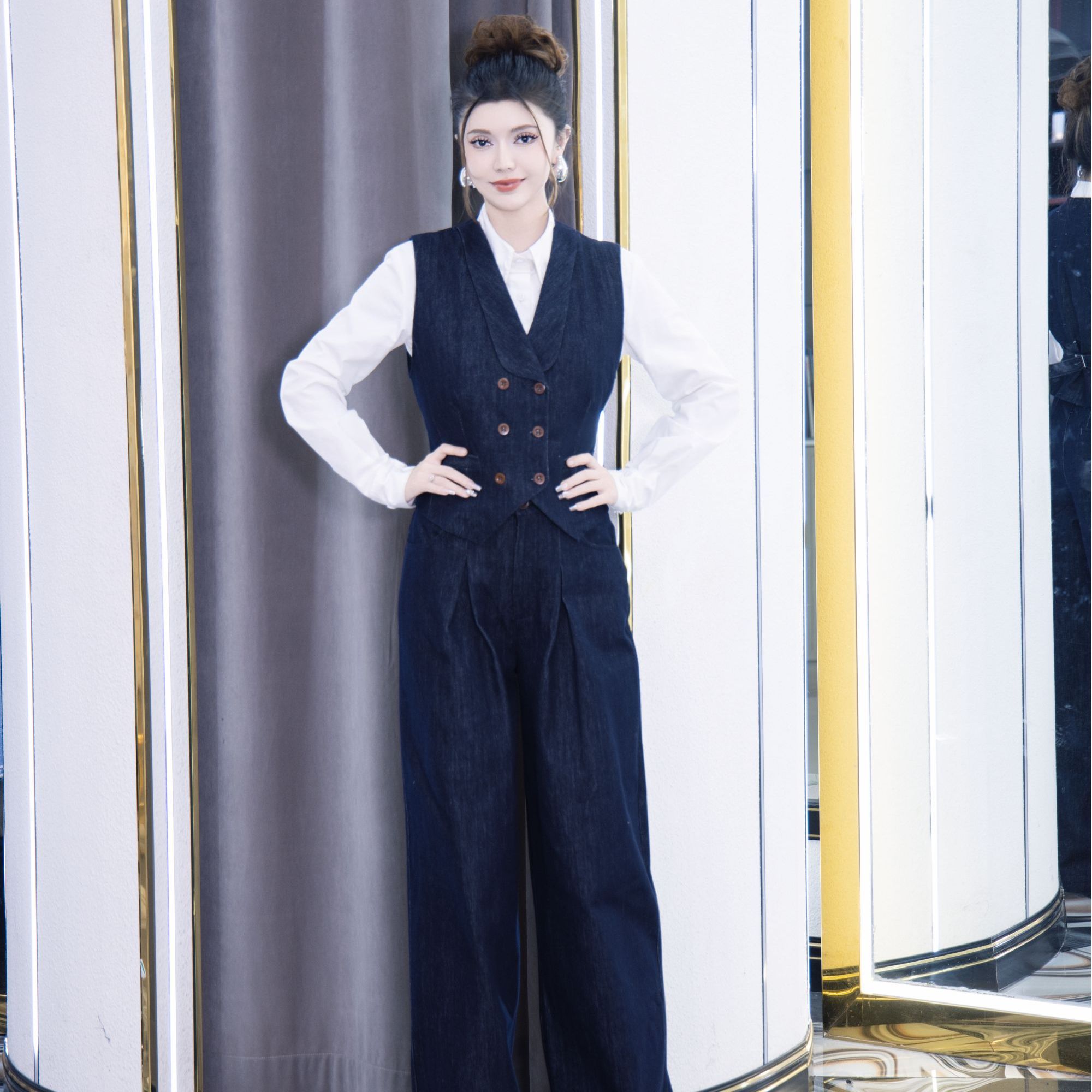 KMDIL春季新款牛仔马甲套装法师复古时尚百搭高级显瘦洋气0126