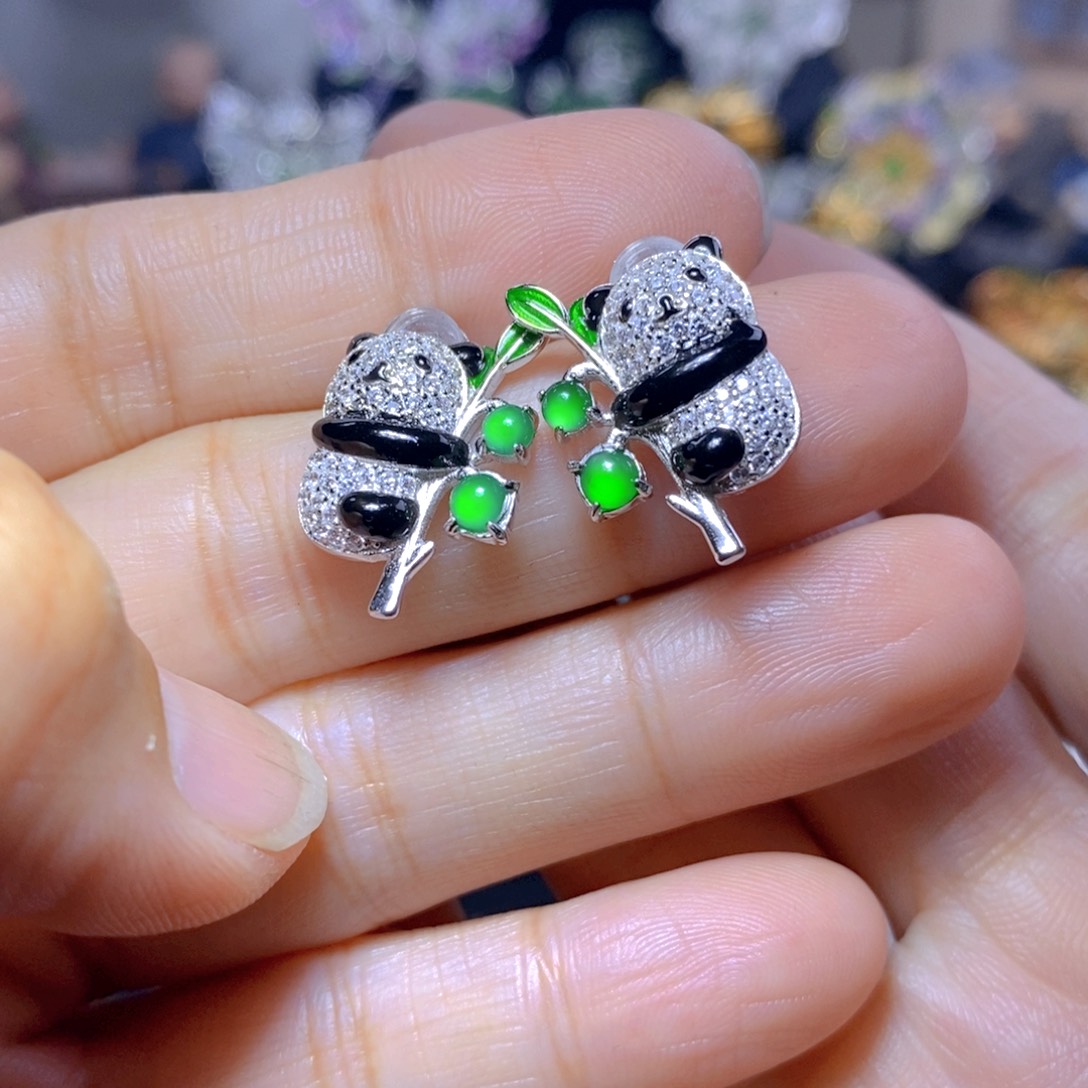 翡翠耳钉银S925镶嵌天然翡翠