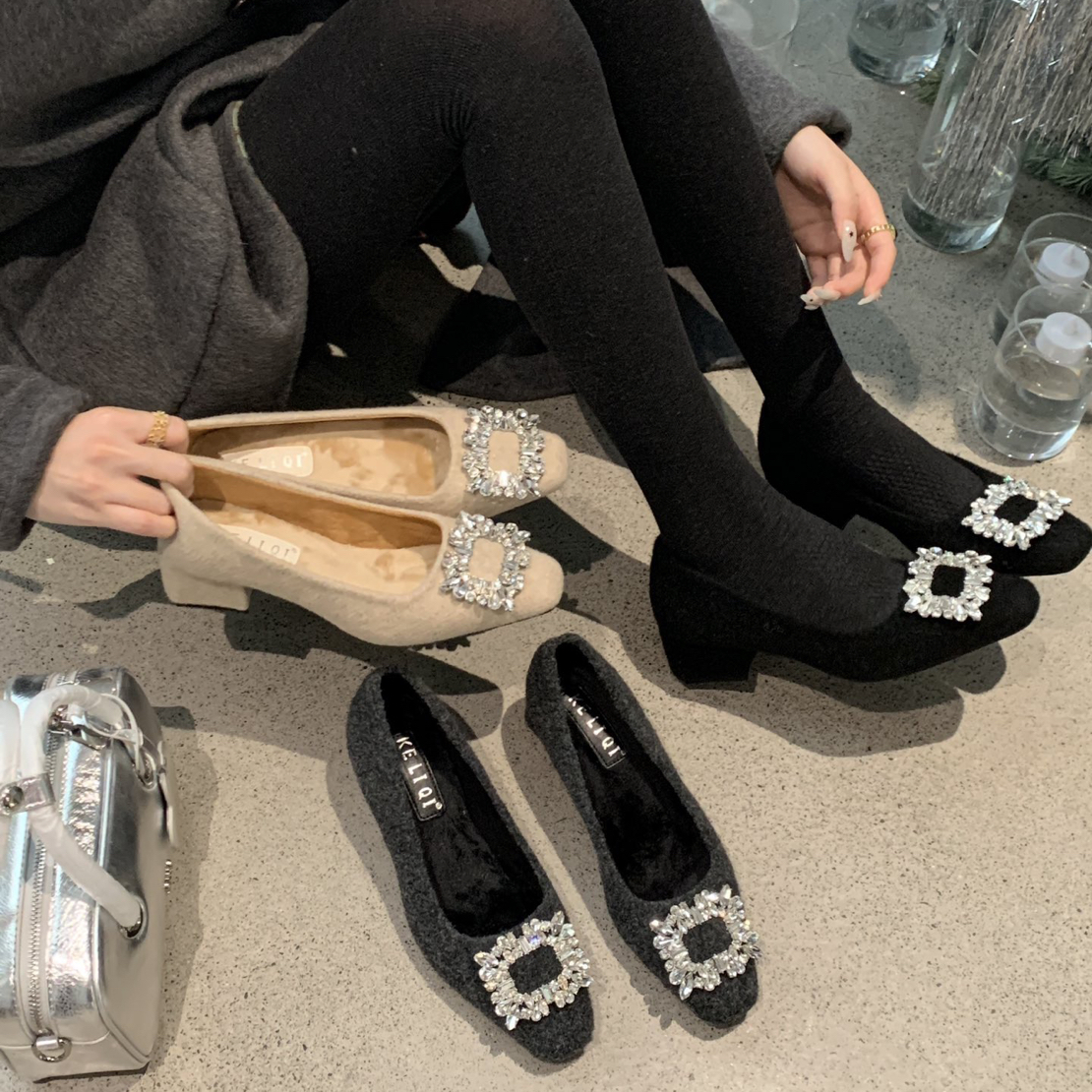 水钻千金感气质加绒保暖秋冬新款单鞋