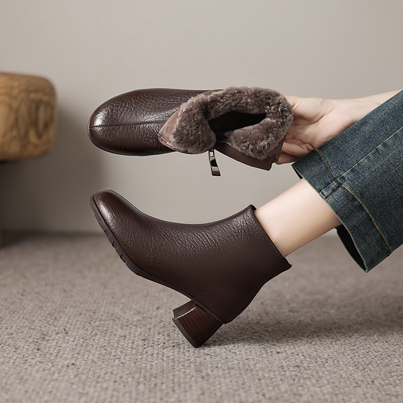 徐先生 羊皮 跟高5cm 34-40秋冬新款短筒靴女粗跟不累脚棉靴大码