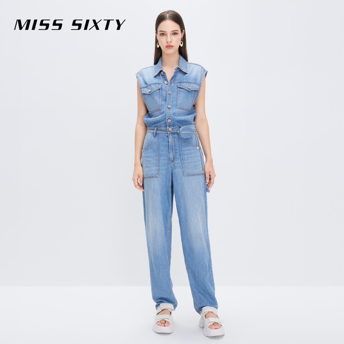 Miss Sixty夏季醋酸牛仔连体裤女无袖配腰链挂包直筒薄款高能感.