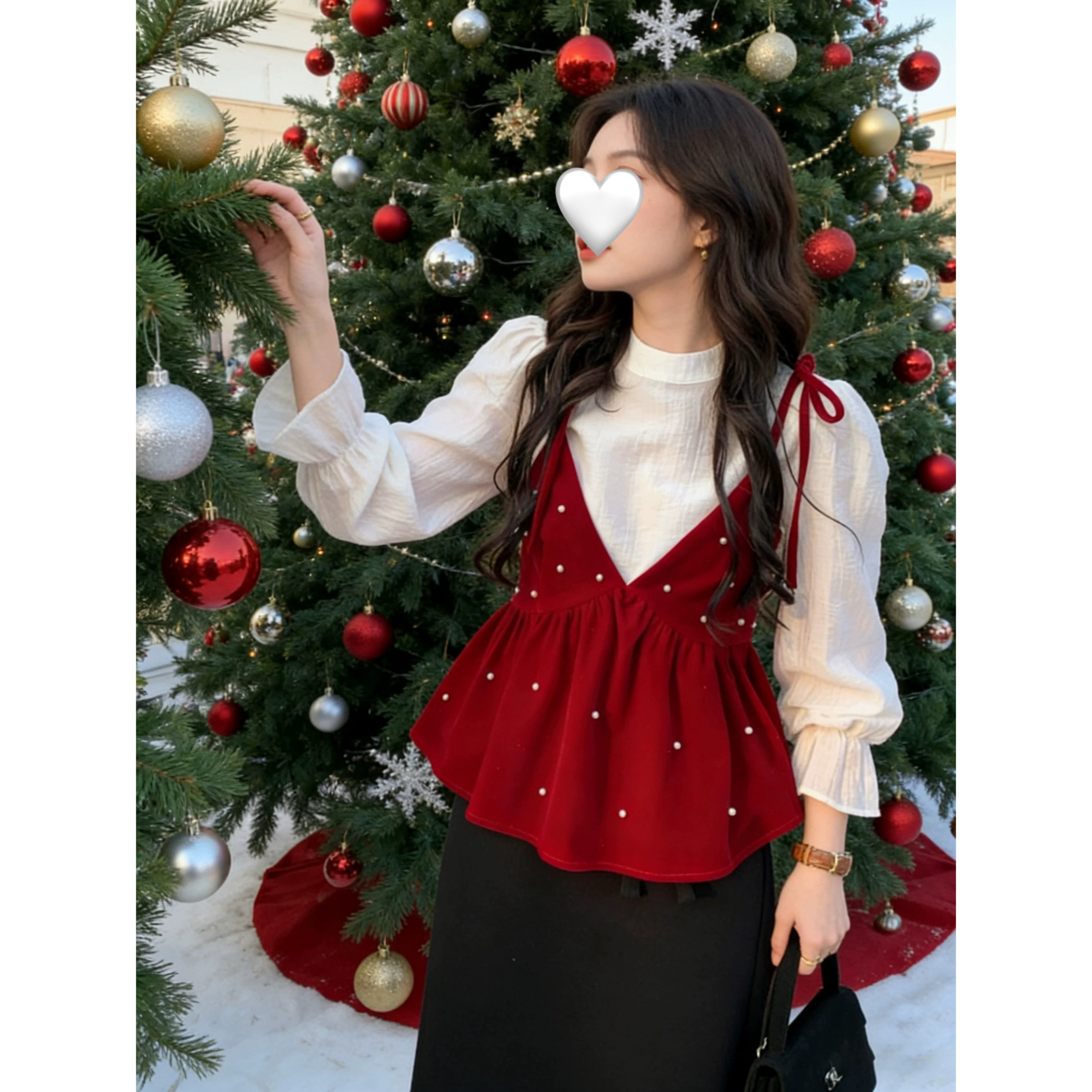 【丸子家】大码韩系氛围感珍珠V领丝绒吊带上衣6633+半身裙-2