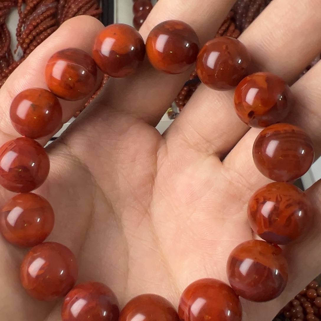 南红玛瑙未镶嵌手串卡14玫红火焰