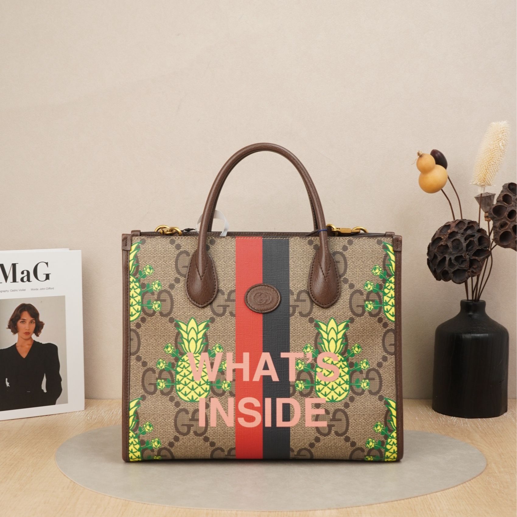 95新 GUCCI/古驰 古驰互扣式双G托特包菠萝小号老花/DS042845