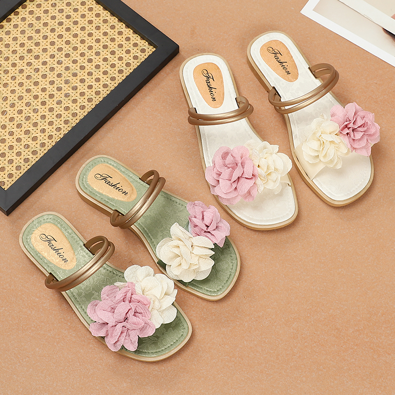 法式复古女外穿2025夏季新款舒适花朵仙女风配裙子一字拖度假拖鞋