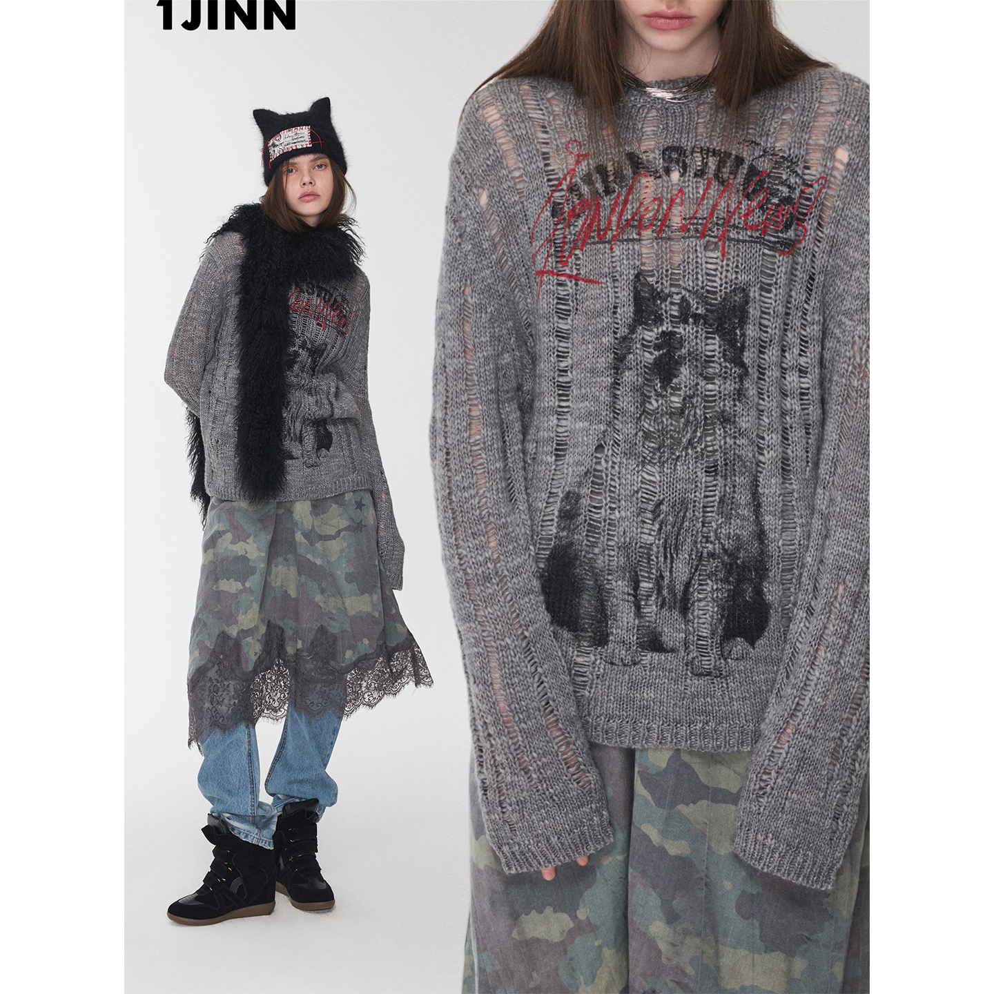 【25冬新VOL.1】1JINN STUDIO 冰岛毛动物印花镂空毛衣