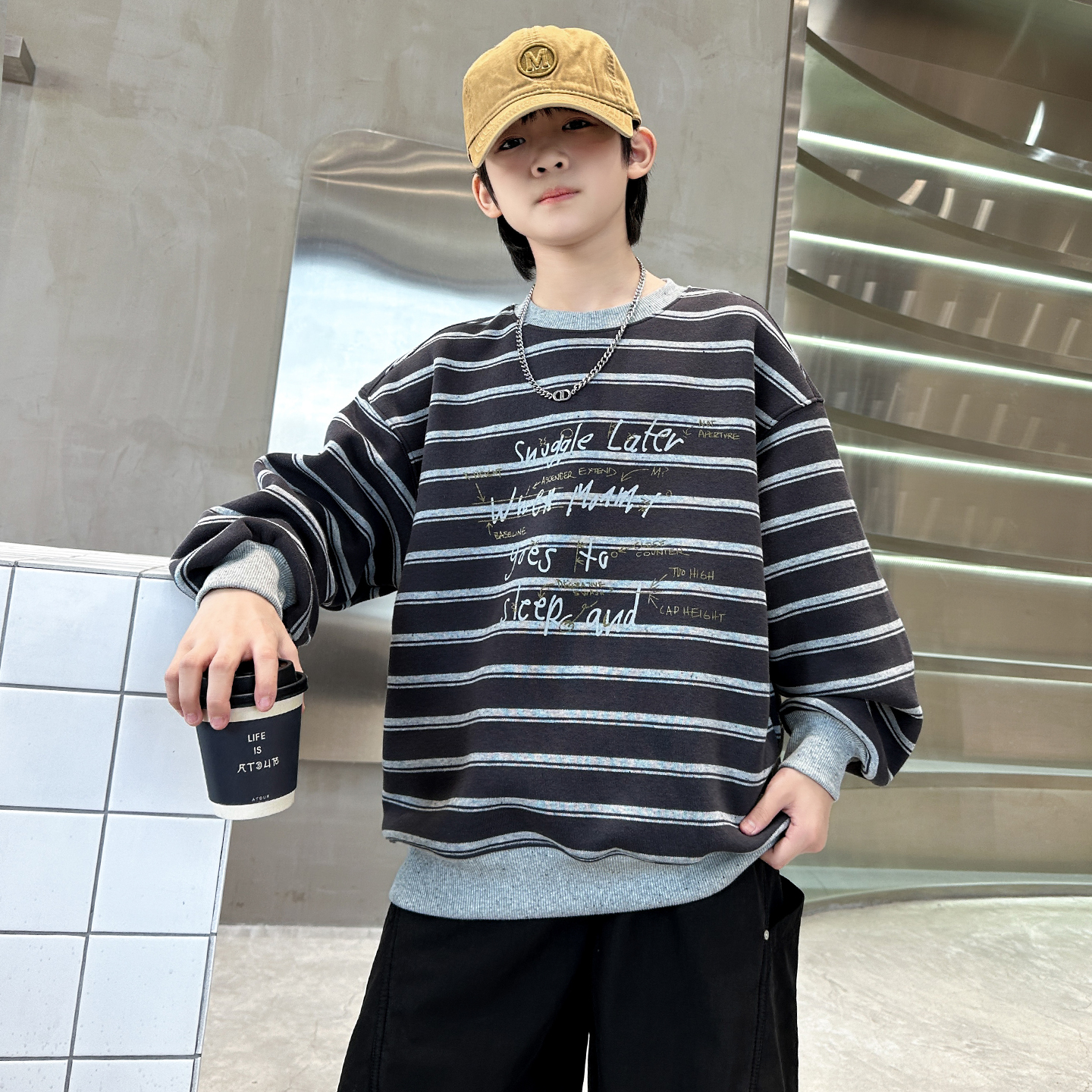 童装男童秋冬款条纹加绒卫衣中大童儿童2025新款秋冬装百搭衣服潮