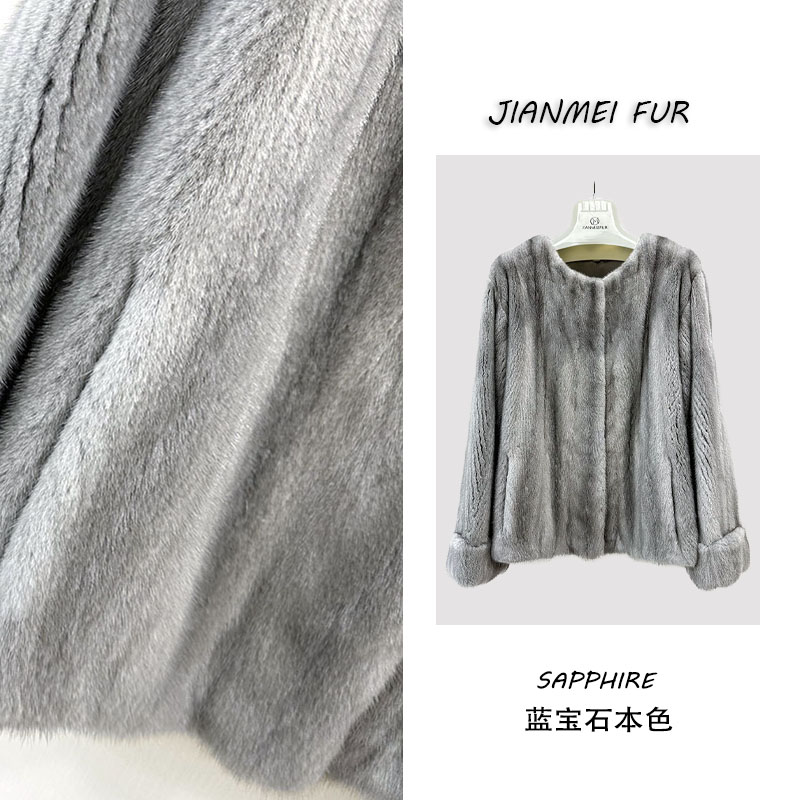 JIANMEI''情韵匠心‘’进口全抽小母貂整貂大衣女圆领挽袖皮草外套