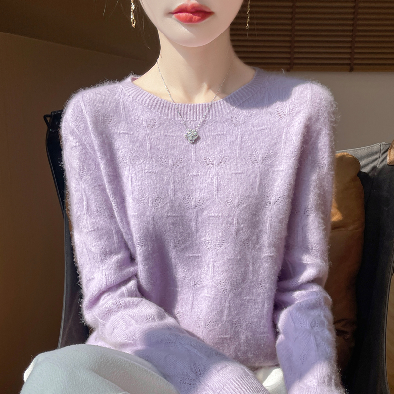 一线成衣羊毛衫女士圆领镂空韩版时尚100%纯羊毛针织打底衫百搭