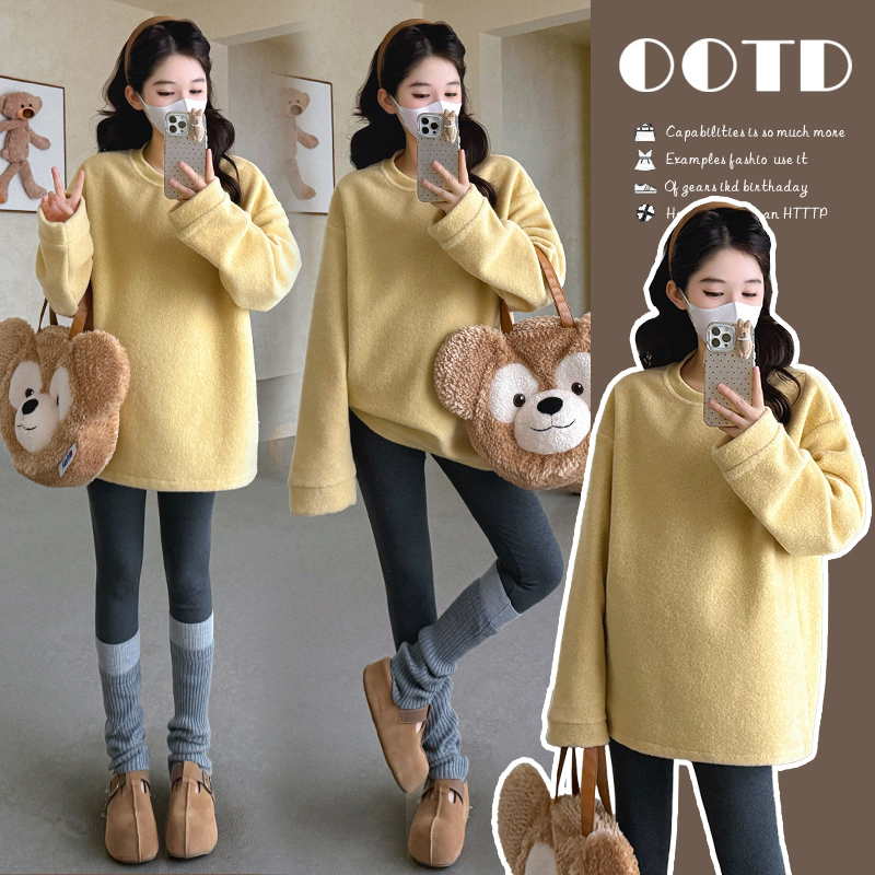 2026秋冬慵懒风毛毛圆领加绒加厚中长款卫衣裙百搭休闲孕妇套装