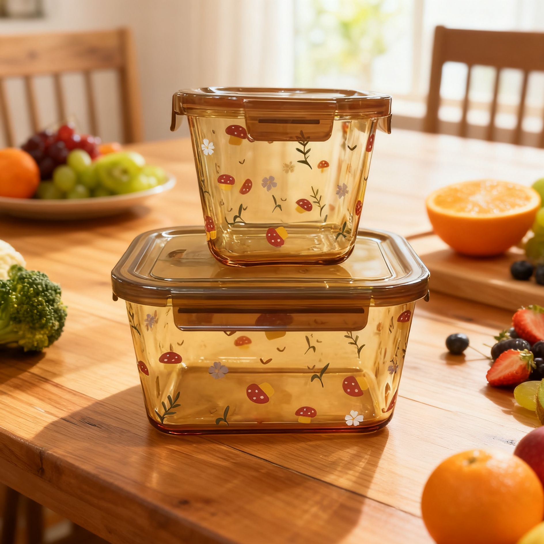 【一大一小】组合装蘑菇琥珀原色高硼硅玻璃保鲜盒家用耐高温密封盒