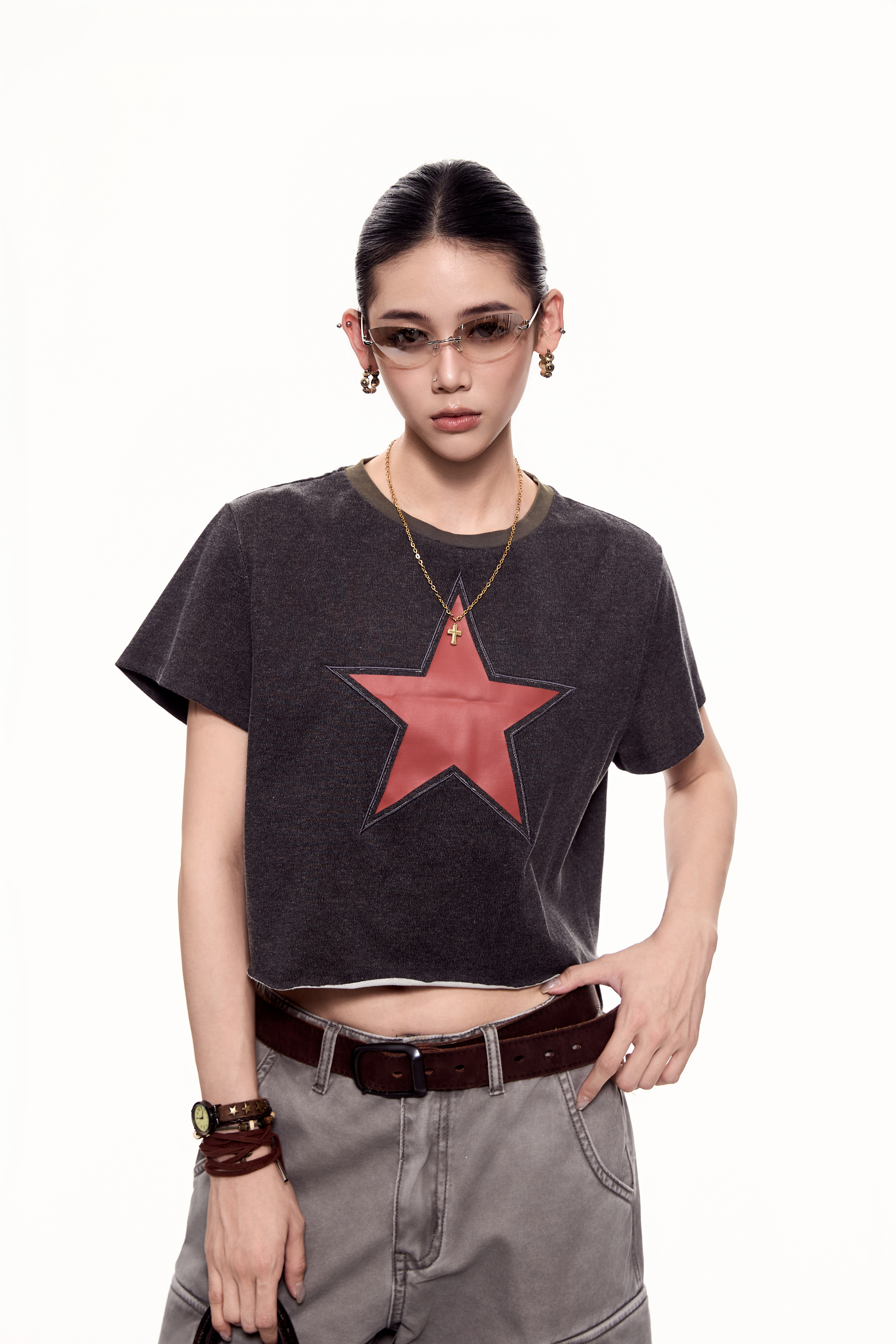 杨九七 水洗印花圆领正肩短袖T恤女夏季美式复古辣妹上衣 7689