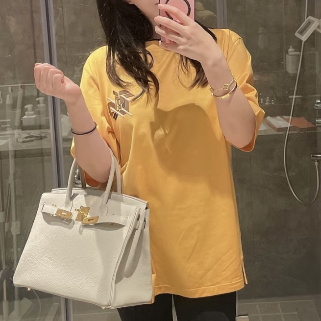 未使用 Hermes/爱马仕 A100898/甜瓜色印花短袖/L码
