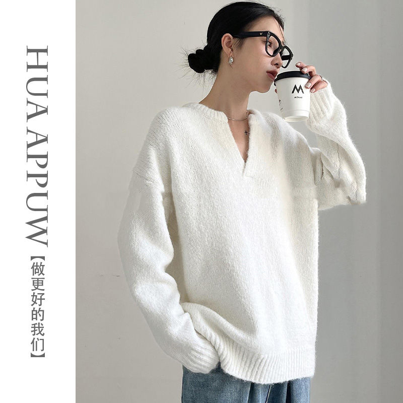 美式v领长袖针织衫女秋冬季高级感白色毛衣宽松慵懒老钱打底上衣