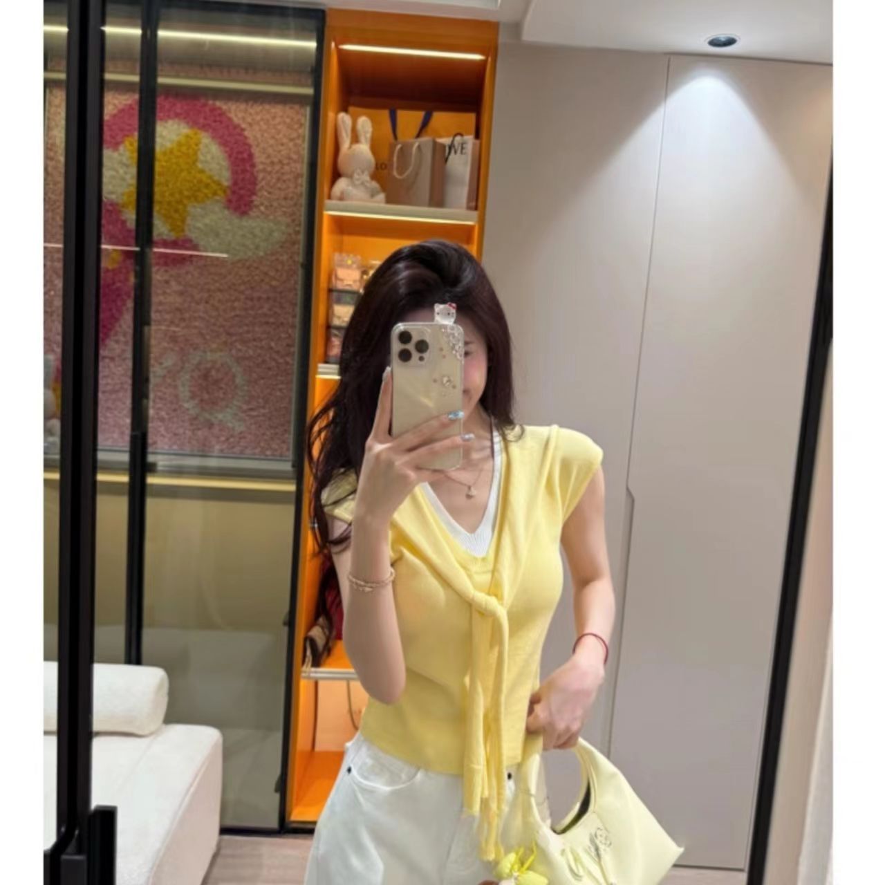 曼曼【日常随穿~】韩系假两件披肩V领针织上衣