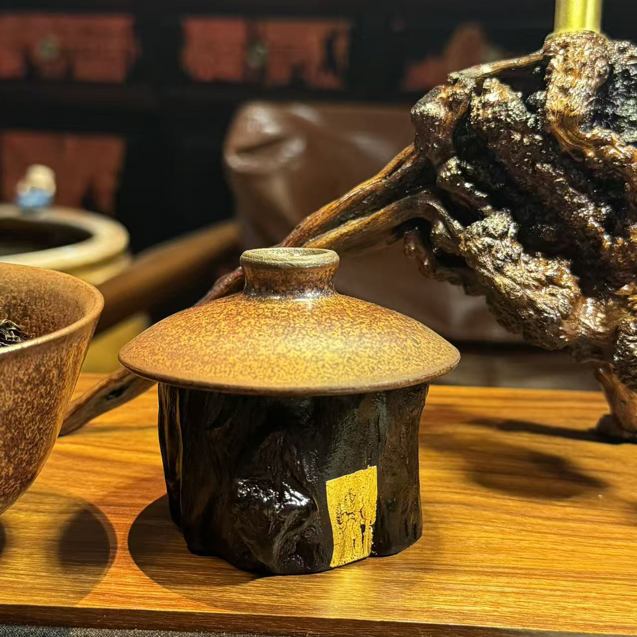 纯手工制作大漆工艺原木黑金盖置复古壶盖户外创意树桩（随机发货）