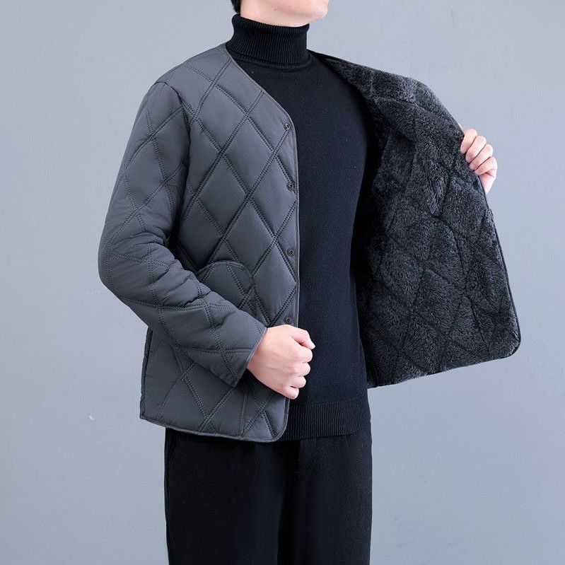 男士冬季加绒加厚棉衣保暖内胆外穿菱格大码宽松棉服同色绒学生装