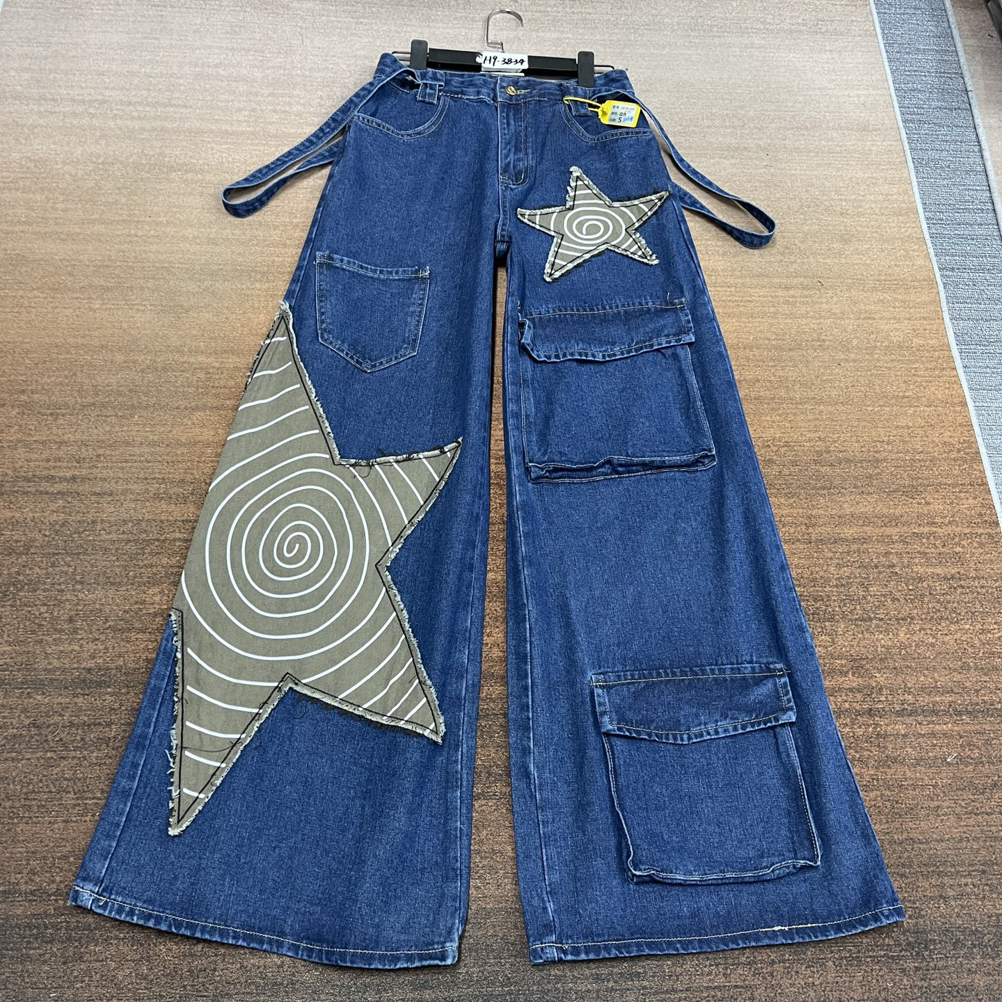 #H9-3834 蓝色超个性星星贴布绣大版工装裤 无弹（不换退）