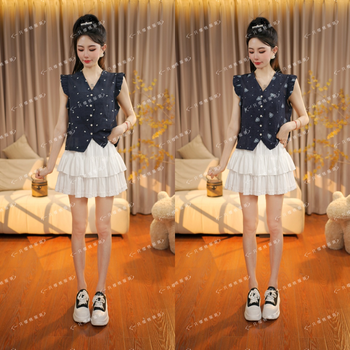 气质减龄洋气飞飞袖上衣夏季无袖单排多扣印花设计衬衫