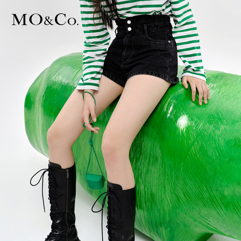 【赵老板专属】MOCO双腰头高腰黑色棉牛仔短裤MBC3SOTT01
