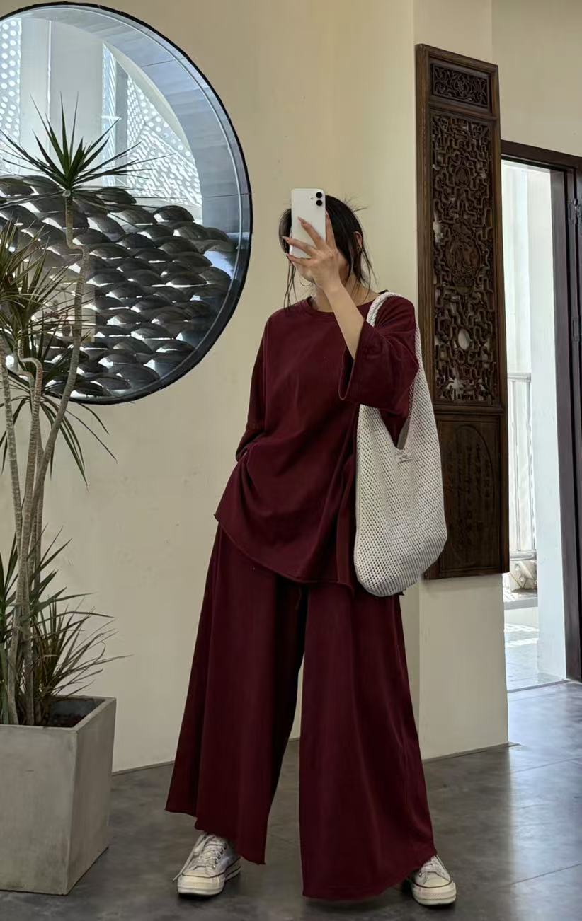 （再见时光）宽松夏季休闲纯色休闲套装