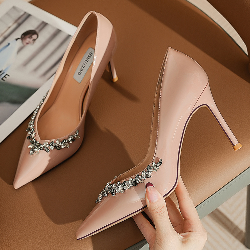 浅口细跟高跟鞋性感百搭银色女鞋尖头漆皮时尚气质法式春季宴会