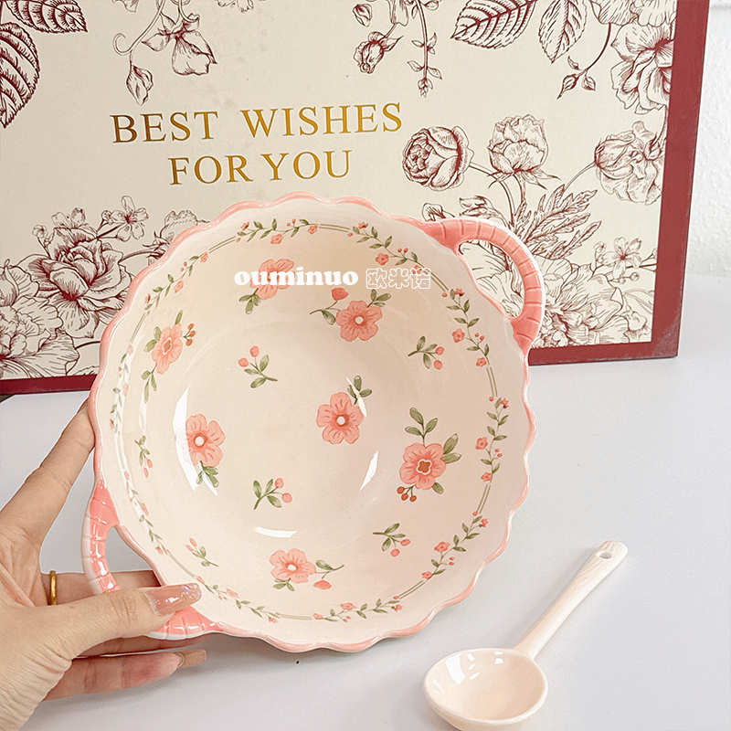 【桃花朵朵1双耳碗1勺】9.5英寸双耳碗碎花陶瓷釉下彩工艺螺蛳粉碗