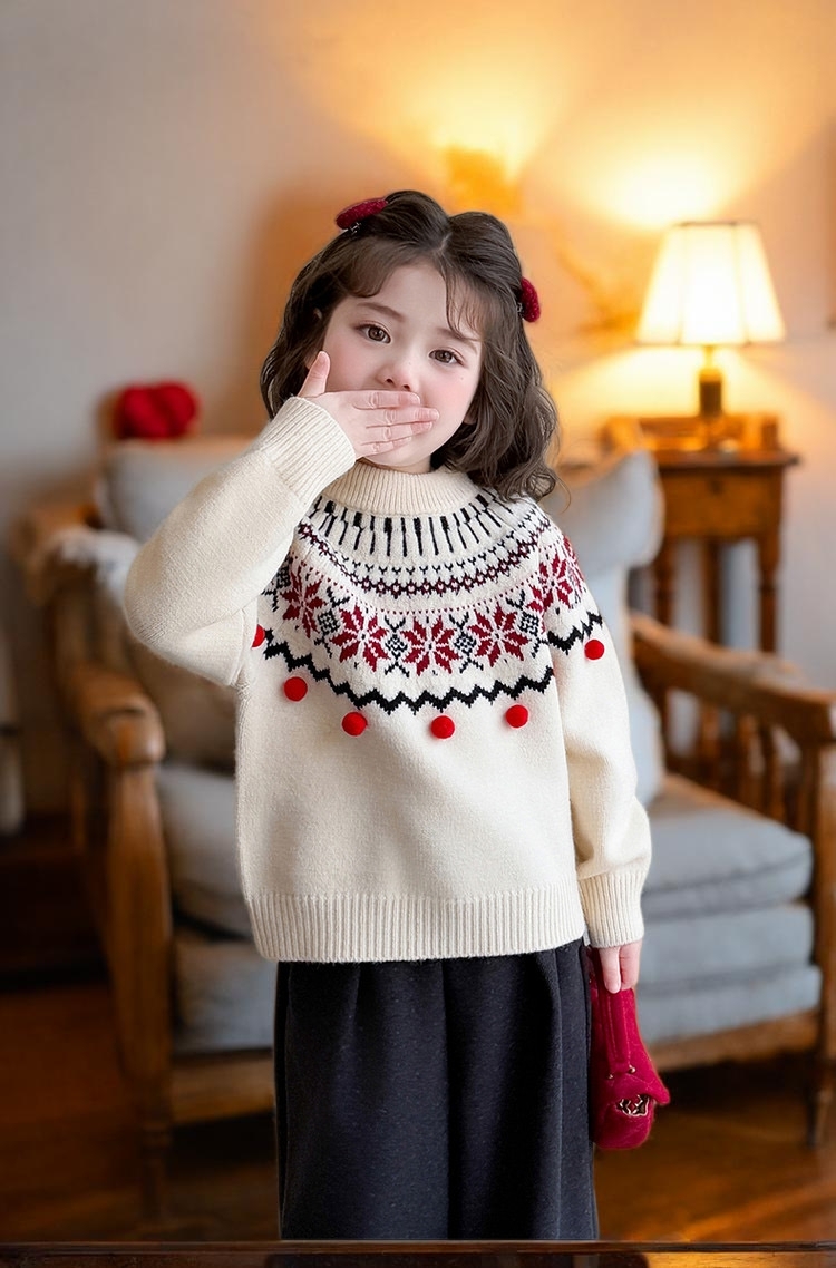 {伊韩}2025深秋韩系圣诞节复古提花菲尔岛加厚套头毛衣