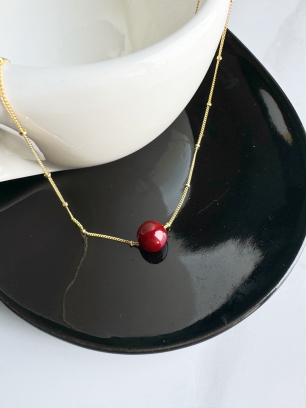 链子925银 【一抹红】复古酒红色简约气质单珠百搭设计感颈链05294