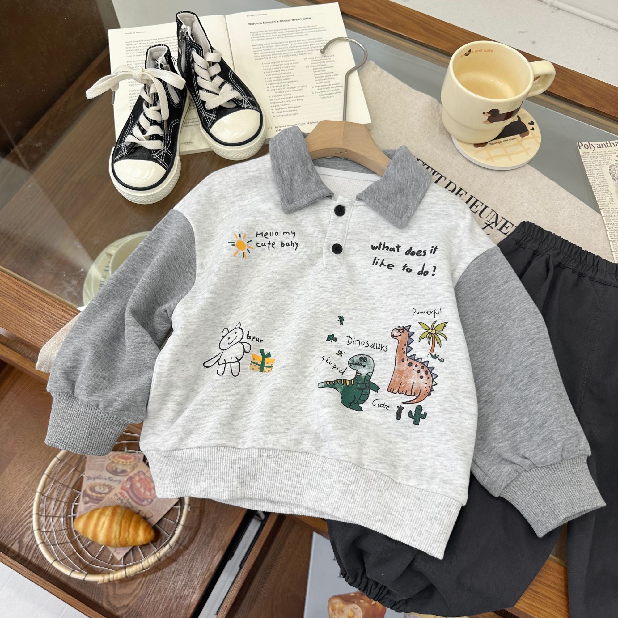 【现货】DZ25Q005男小童2025秋新品恐龙撞色POLO衫卫衣