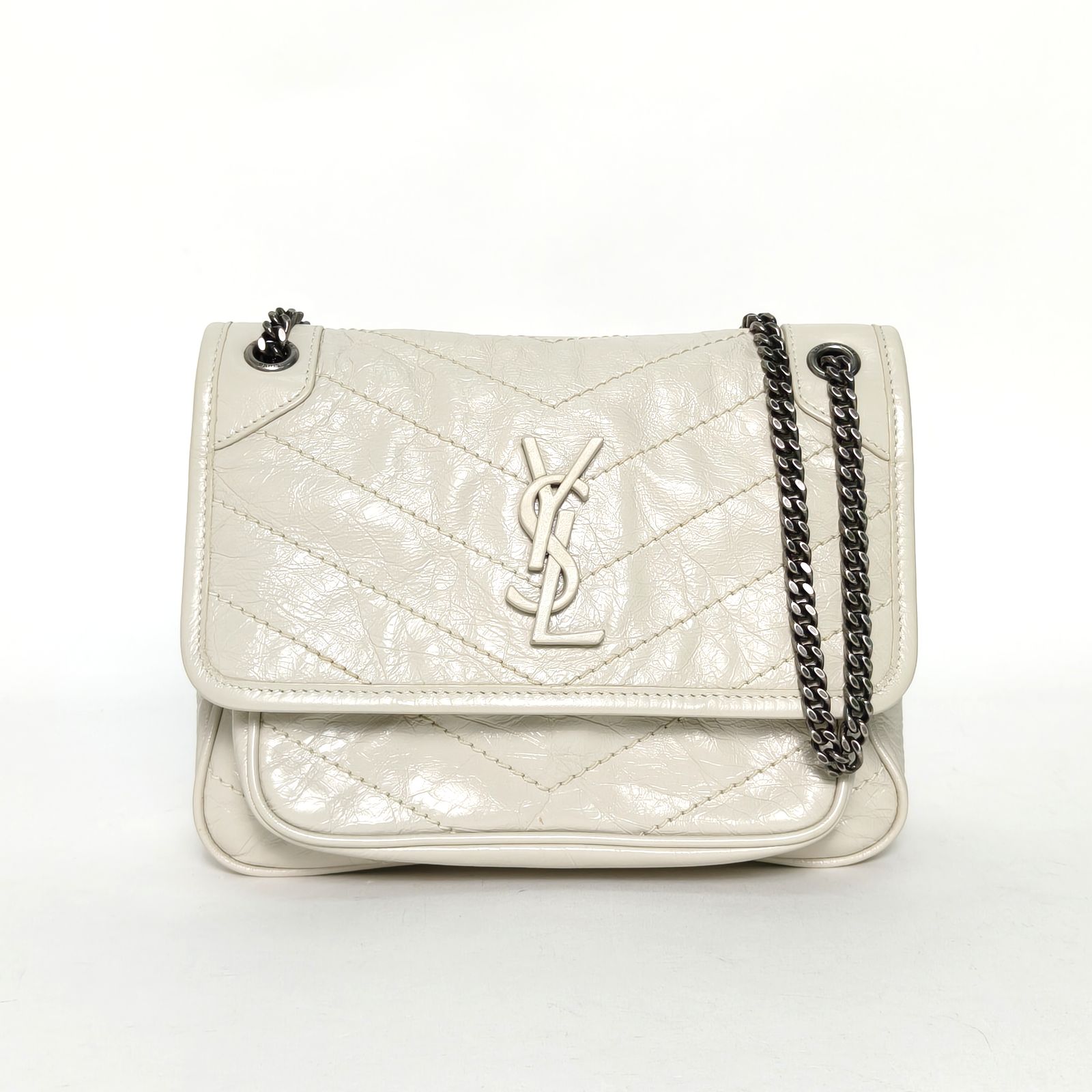 95新 YSL/圣罗兰 攀攀 Niki Mini D扣 米白 皮革 银扣 