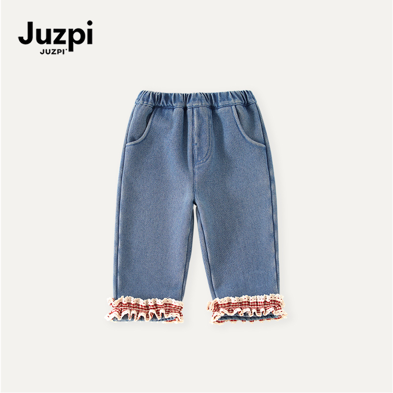 Juzipi·女童牛仔裤2025冬季新款花边直筒裤加绒休闲裤QK259739