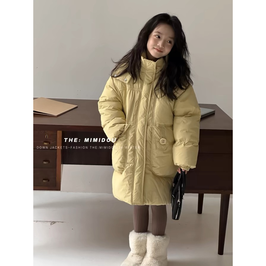 单品-黄外套C071 女童加厚保暖羽绒服米黄色长款外套冬季洋气