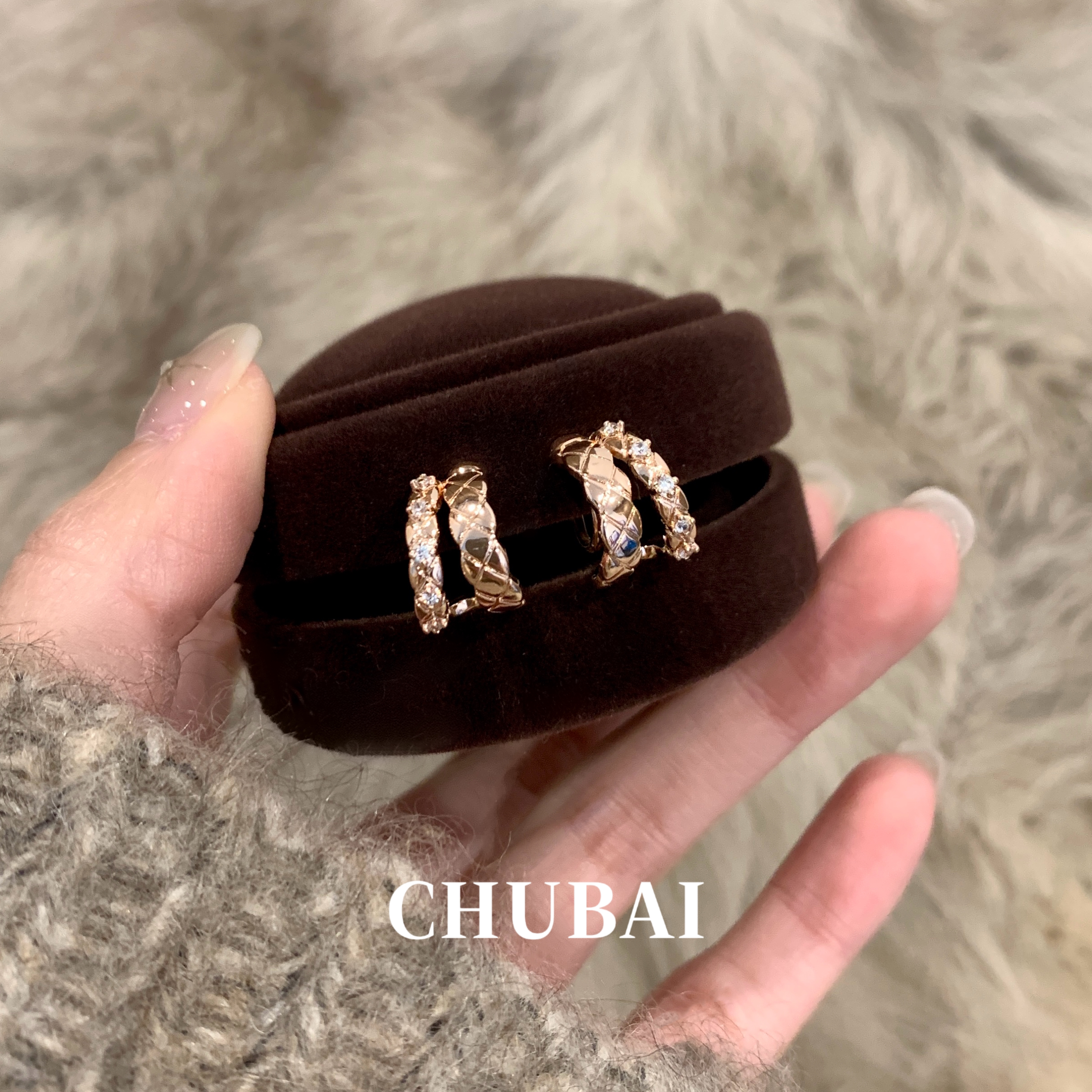 铜合金耳饰 【菱格双圈】无耳洞经典玫瑰金菱格纹通勤蚊香盘耳夹