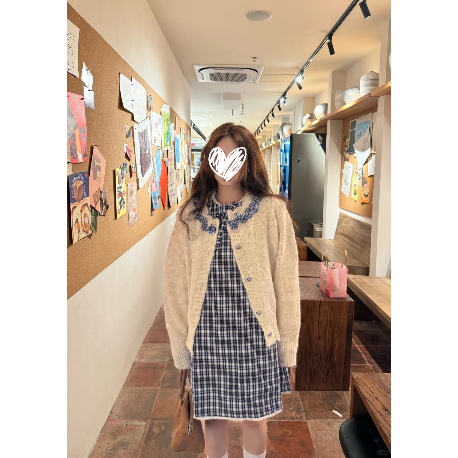 立体花边格纹拼接长袖针织外套花边宽松格子连衣裙秋季两件套女
