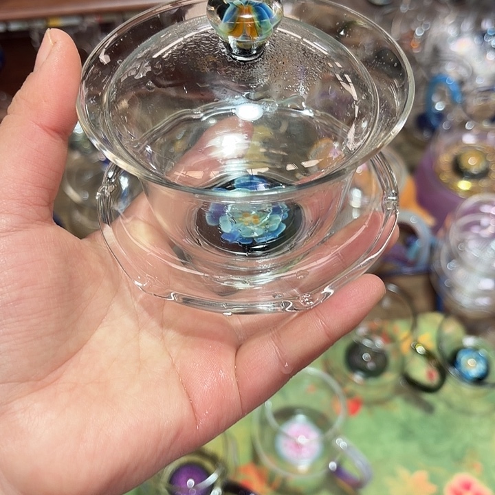 玻璃手工艺品玻璃茶器蓝花语盖碗
