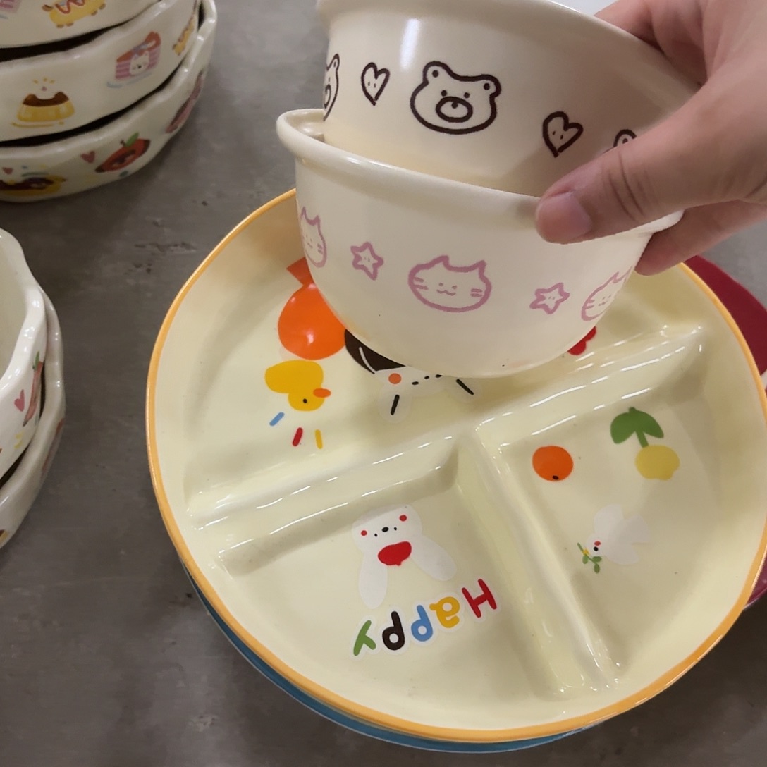 搪瓷线条猪和猫米饭碗