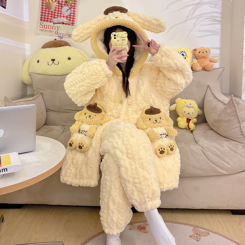 bejirog/北极绒冬季少女洋气可爱风珊瑚绒三层夹棉开衫睡袍两件套