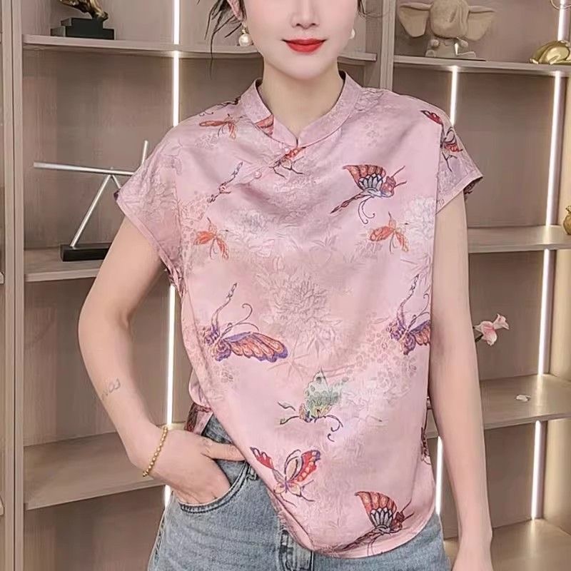 M107粉色蝴蝶印花立领复古风新中式短袖茶服上衣气质款