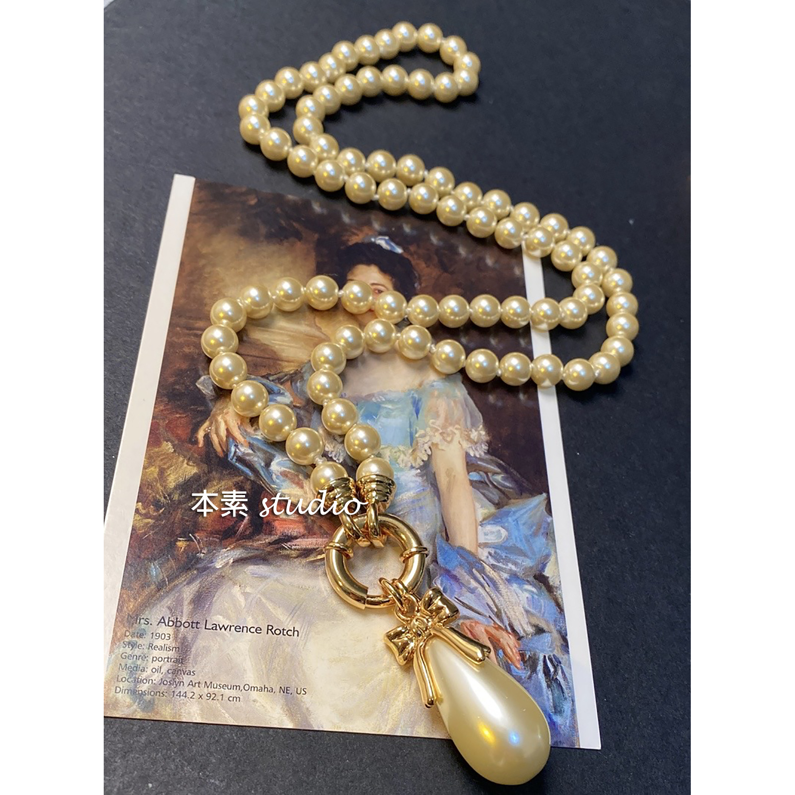 合金仿珍珠项链 C2743轻奢高级感长款蝴蝶结水滴吊坠项链