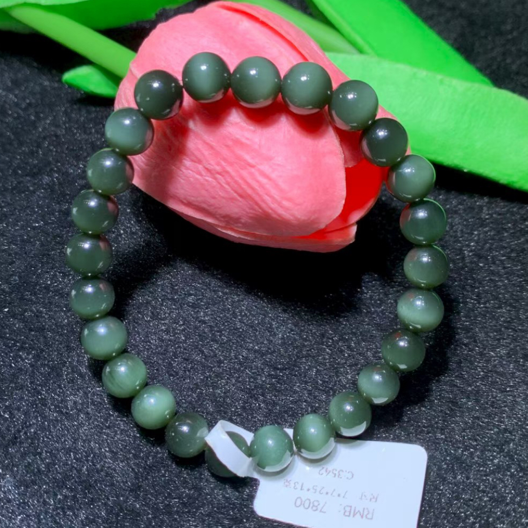 新疆和田玉沙枣青手串珠径7mm